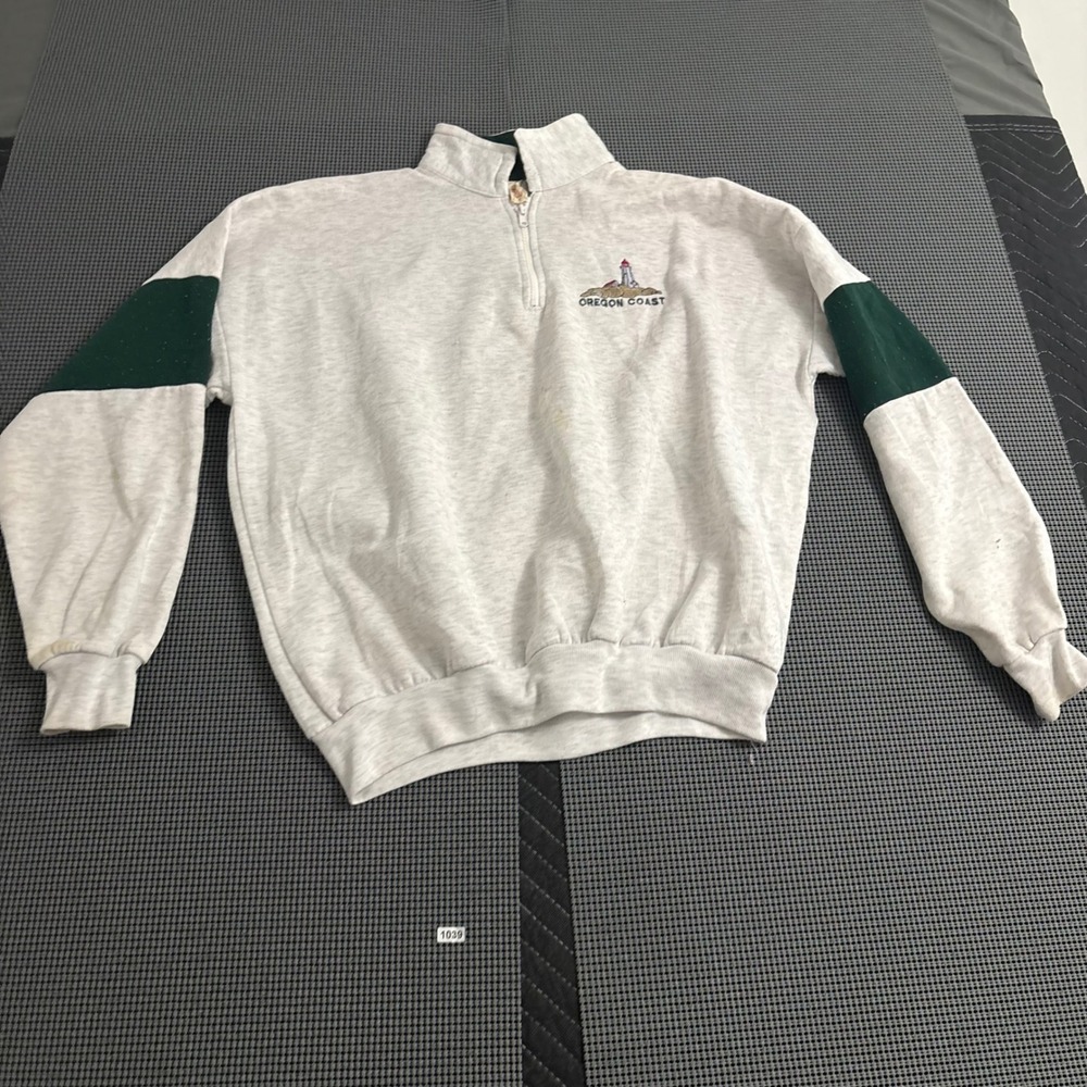 Vintage Oregon Coast Lighthouse Quarter Zip Sweatshirt Grey Green Made in USA